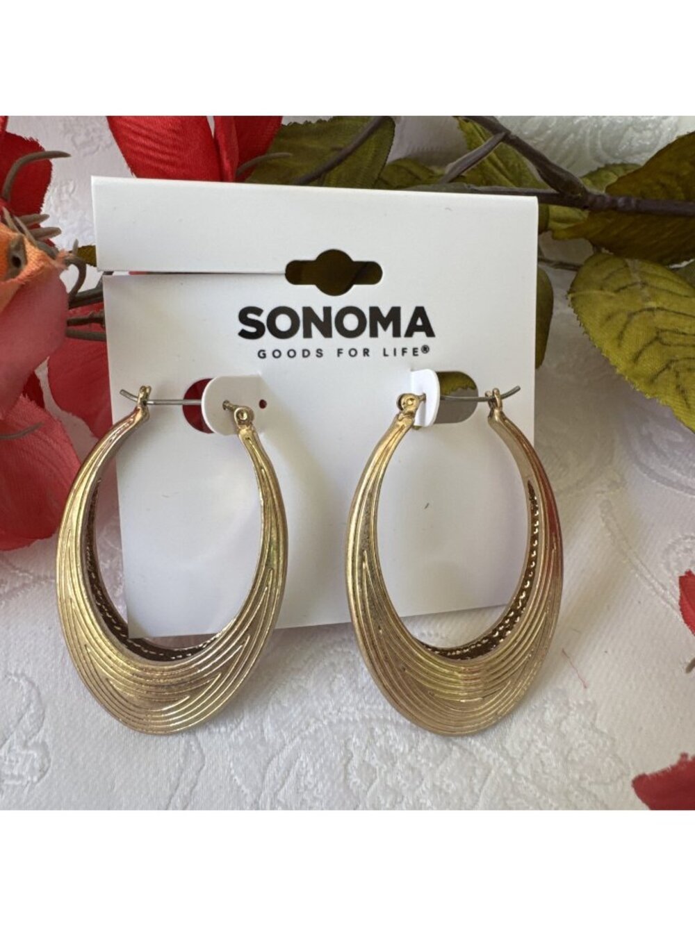 Sonoma Hoop Earrings Rib Textured Goldtone 2" Chunky Oval Statement Summer NEW